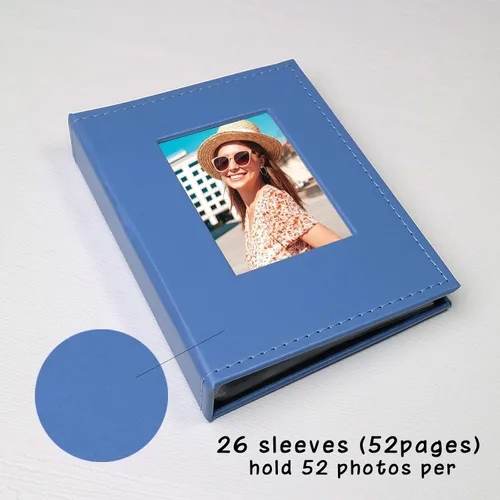 Miniatura 3 de Álbum de fotos pequeño de 4 x 6 pulgadas, paquete de 2 libros de fotos de cuero, cada mini álbum de 26 páginas tiene capacidad para 52 fotos, Azul