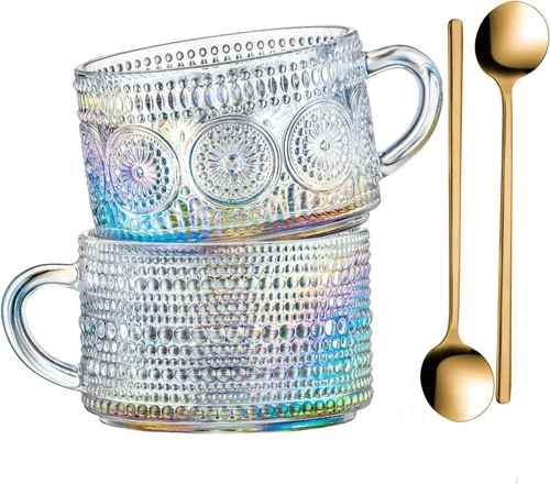 Miniatura 8 de Gezzeny Tazas de café vintage con platillos de 14 onzas, juego de 2 tazas de vidrio en relieve, tazas de té, tazas de café de vidrio para capuchino