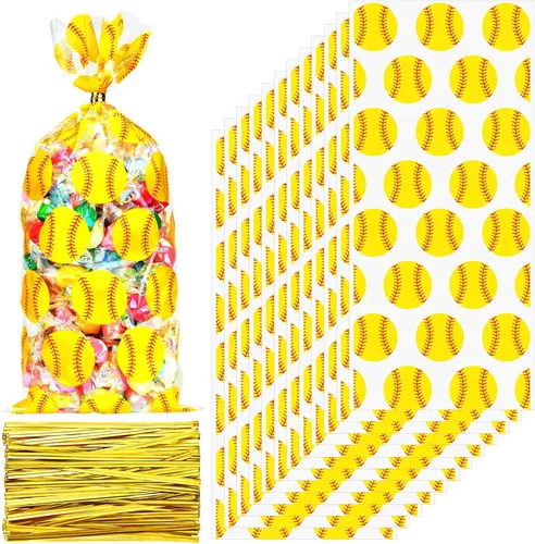 Outus 100 bolsas de celofán de sóftbol, bolsas de regalo de sóftbol, bolsa de dulces con corbata para decoración de fiestas temáticas de deportes,