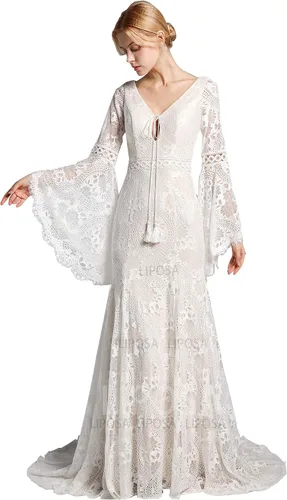 LIPOSA Vestidos de novia de encaje bohemio para novias, mangas largas acampanadas, cuello en V, vestidos de novia de sirena con tren de barrido