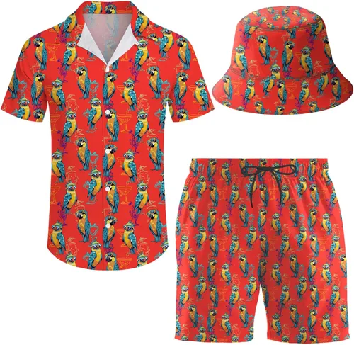 Miniatura 35 de Conjunto deportivo de 2 piezas para hombre, camisa hawaiana, pantalones cortos, camisa con botones y pantalones cortos con sombreros de pescador