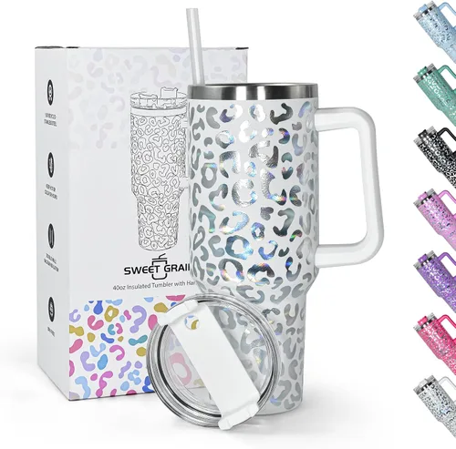 Miniatura 10 de Sweet Grain - Vaso de 40 onzas con asa y pajita, mantiene las bebidas frías hasta 24 horas, vaso aislado al vacío de acero inoxidable con diseño