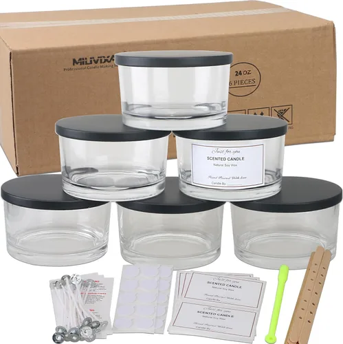 MILIVIXAY Paquete de 6 tarros de vela de 24 onzas con tapas de metal y kits de fabricación de velas, tarros de vela de 3 mechas, tarros de vidrio