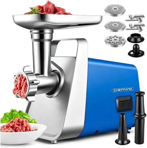 Picadora de carne CHEFFANO, picadora de carne eléctrica, relleno de salchichas, motor de cobre de 300W [2600W máx.], cuchillas y placas de acero