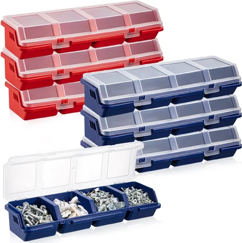 Miniatura 11 de Hushee Caja organizadora de tornillos de 4 piezas con tapa, 4 compartimentos, organizador de piezas pequeñas, de plástico, apilable, tuercas y Azul