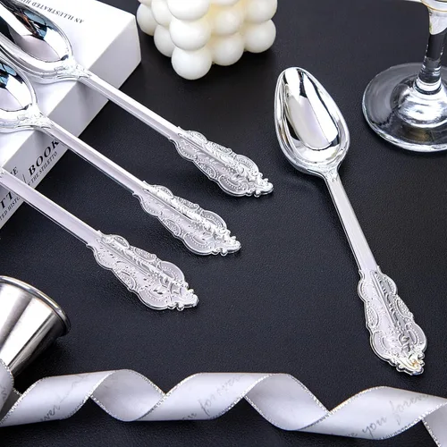 Miniatura 6 de WDF 100 cucharas de plástico plateadas desechables, cubiertos de plata barrocos de 6.93 pulgadas para pastel de postre, cucharas de plástico Rojo