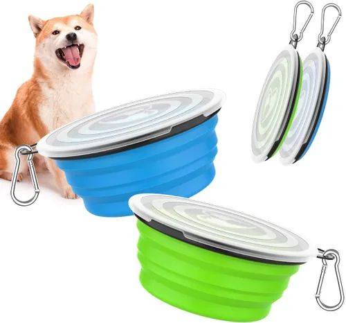 Miniatura 14 de Pawaboo Cuencos plegables 2 en 1 para perros, cuencos dobles para comida y agua, cuenco de silicona portátil de 180° con gancho de metal, comedero