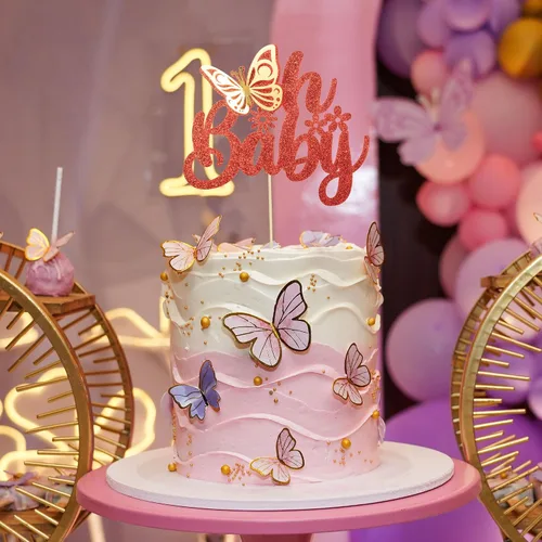 Miniatura 7 de Gyufise 1 pieza de mariposa Oh Baby Cake Topper Glitter Baby Shower Butterfly Cake Pick para revelación de género Baby Shower Niños fiesta de Rojo