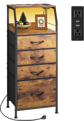Miniatura 16 de WLIVE Mesita de noche con estación de carga, mesita de noche LED con 4 cajones de tela y estante de almacenamiento, cómoda alta para dormitorio