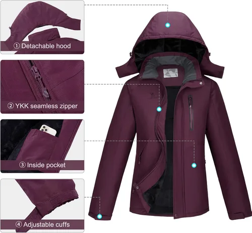 Miniatura 4 de CAMEL CROWN Chaquetas de esquí de invierno cálidas para mujer, abrigo de nieve impermeable con capucha, chaqueta de lluvia resistente al viento