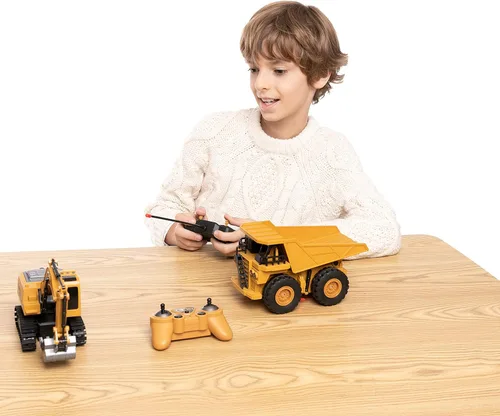 Miniatura 6 de JOYIN Juego de 2 vehículos de construcción a control remoto, excavadora RC accionada por fricción y camión volquete RC con luces y sonidos