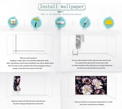 Miniatura 4 de Papel tapiz floral de paeonia morada, fondo negro, mural de pared para dormitorio, sala de estar, habitación de niña y mujer (no se pega ni se pega)
