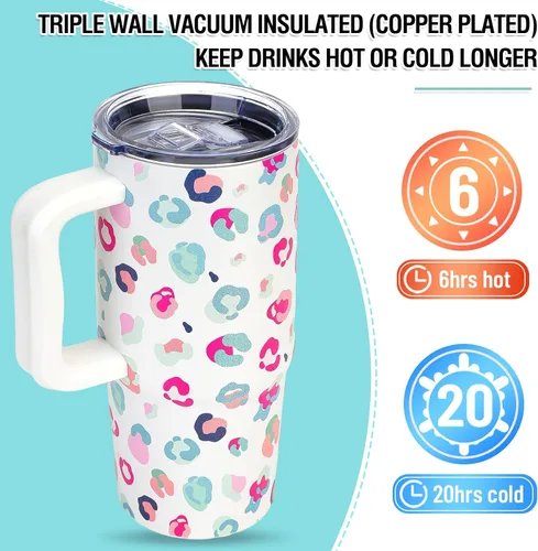 Miniatura 2 de Zukro Vaso de 24 onzas con asa y popote, 2 tapas, mantiene las bebidas frías 20 horas, calientes 6 horas, a prueba de fugas, taza de café de acero