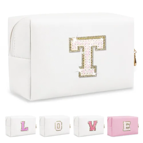 Miniatura 40 de Pequeña bolsa de maquillaje personalizada con inicial A-Z Preppy Patch, bolsa de cosméticos de viaje de felpilla blanca con cremallera, bonita bolsa