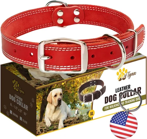 Miniatura 22 de ADITYNA Collar de cuero resistente para perros extra grandes, collar de cuero rojo suave y fuerte para razas XL