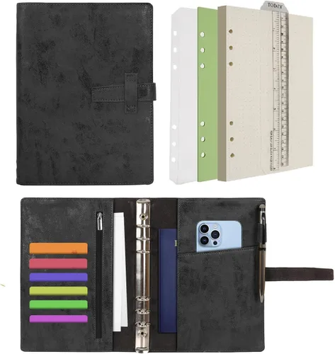 Agenda de cuero Wonderpool A5, carpeta de cuaderno de escritura con papel punteado y cubierta con múltiples bolsillos para la escuela de negocios,