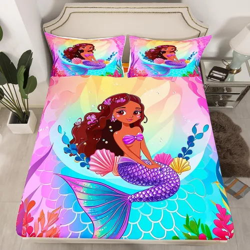 Miniatura 30 de Erosebridal Sábanas de cama de sirena azul para niñas, bonita sábana bajera ajustable de unicornio, 2 piezas, ropa de cama de arcoíris femenino