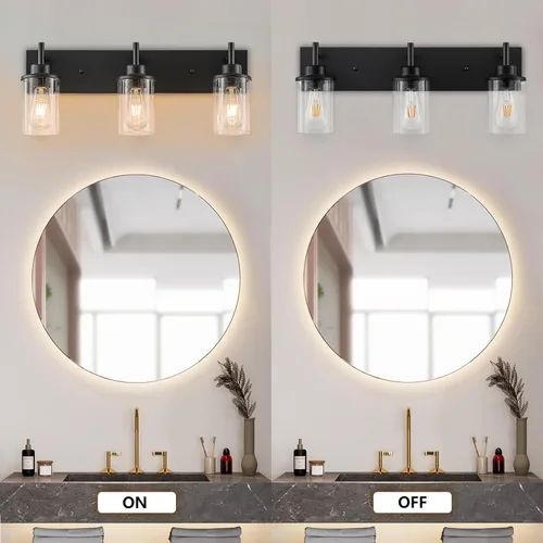 Miniatura 4 de GoYeel Accesorios de iluminación de tocador, aplique de pared negro mate de 3 luces negras con pantalla de vidrio transparente para dormitorio