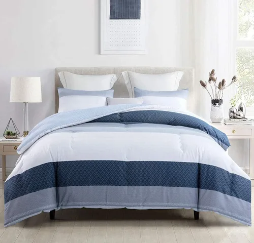 Miniatura 2 de Sleepbella - Edredón tamaño individual, algodón de 600 hilos, patchwork a rayas en blanco y azul marino, diseño reversible en azul, con relleno