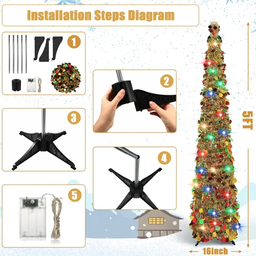 Miniatura 4 de Aoriher Árbol de Navidad de Oropel Dorado Preiluminado Emergente de 5 pies, Decoración Reutilizable Plegable con Lentejuelas Artificiales, Árbol