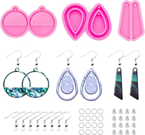 Kit de 103 moldes de resina para aretes de bricolaje – Gota de lágrima/cuadrángulo/molde de silicona con forma de círculo retro, molde de fundición