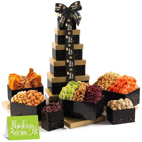 Miniatura 18 de NUT CRAVINGS - Cesta de regalo de frutas secas y nueces mixtas, torre roja + cinta de corazón (12 surtidos), arreglo de alimentos, paquete