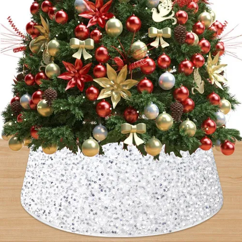 Miniatura 7 de FUHSY Collar Negro de Árbol de Navidad de 24 Pulgadas, Falda de Árbol de Navidad con Lentejuelas, Terciopelo Metálico, Falda de Árbol de Halloween