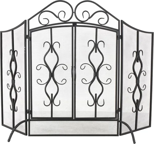 Miniatura 13 de Deco 79 Pantalla de metal para chimenea, plegable, arqueada, 3 paneles con detalles de flor de lis, 52 x 1 x 31 pulgadas, color negro