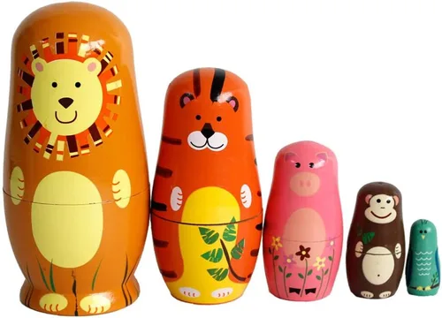 GoodPlay Muñeca de anidación de animales de dibujos animados de madera 5pcs popular hecho a mano regalos de juguete
