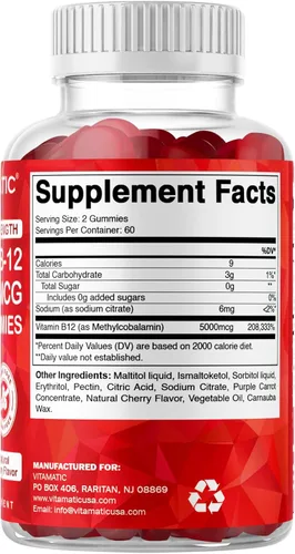 Miniatura 8 de Vitamatic Gomitas de vitamina B12 extra fuertes de 5000 mcg (metilo B12), 120 unidades, apoyo al metabolismo energético y apoyo a la salud
