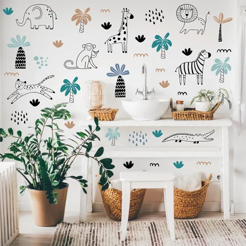 Miniatura 6 de AOWDIAO - Adhesivos de pared de vida silvestre de safari, diseño de línea artística, para despegar y pegar, decoración para habitación infantil