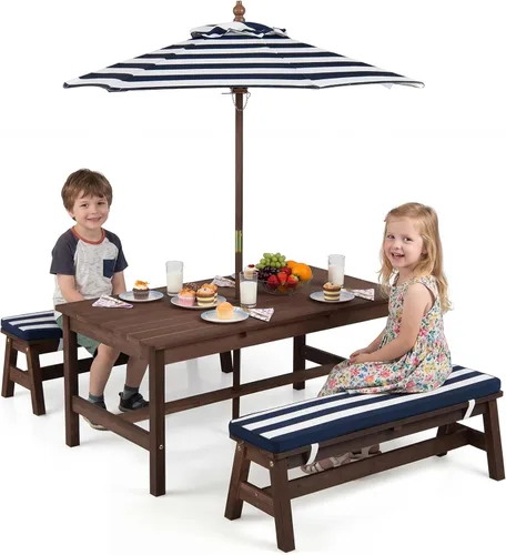 Miniatura 11 de Costzon Mesa de Picnic para Niños, Juego de Mesa y Silla de Madera para Niños Pequeños con Cojines, Sombrilla de Altura Ajustable, Mesa