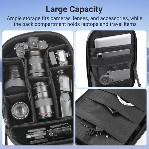 Miniatura 3 de Mochila de cámara para fotógrafo, 22L de gran capacidad, bolsa para cámara digital profesional con compartimento para laptop de 15 pulgadas