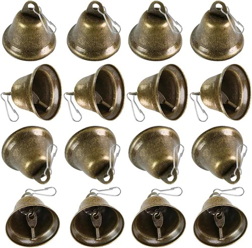 BigOtters Campanas de manualidades, 16 campanas vintage de cascabel de bronce (1.5 x 1.7 pulgadas) con ganchos de resorte para colgar para