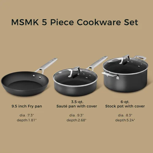 Miniatura 7 de MSMK Juego de 5 ollas y sartenes, revestimiento antiadherente duradero de Estados Unidos, juegos de utensilios de cocina de cocina, incluso