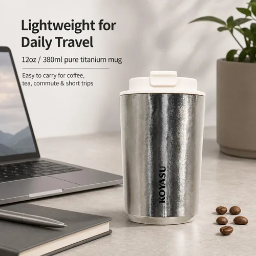 Miniatura 9 de KOYASU Ti-Zen - Taza de café de viaje de titanio puro, 12 onzas, vaso de café aislado a prueba de fugas con tapa roscada con sello roscado, sin