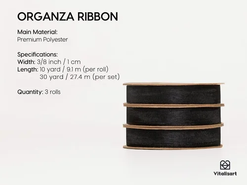 Miniatura 2 de Vitalizart - 3/8" x 30Yd de cinta de organza, juego de 3 rollos de 10 yardas de cinta transparente negra, hecha a mano, ecológica, para envolver