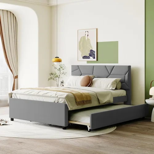 Miniatura 23 de Cama de plataforma tapizada de tamaño matrimonial con nido, cama con plataforma tapizada de vellón de peluche con soporte de listones de madera