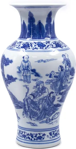 Miniatura 9 de Dahlia Jarrón azul y blanco, florero de porcelana china hecho a mano, montaña celestial, forma de rouleau de 14 pulgadas