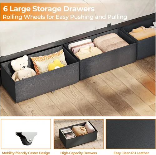 Miniatura 6 de OURPIC Full Size Bed Frame, 2-Tier Storage Headboard & 6 Fabric Drawers, PU Leather Upholstered Platform Bed Frame Full with Charging Station and