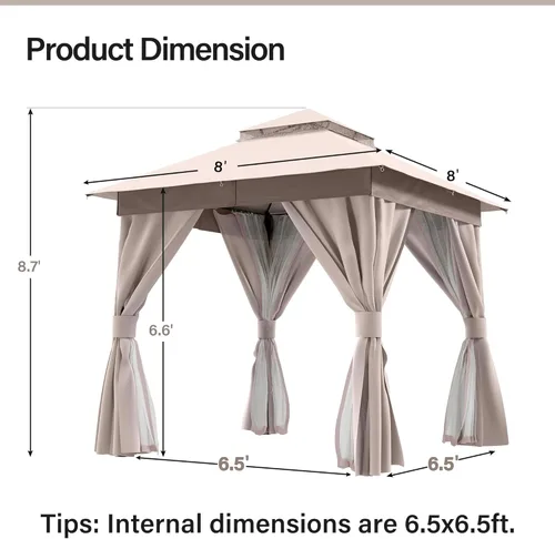 Miniatura 2 de LAUSAINT HOME 8'x8' Outdoor Gazebo, Metal Frame Heavy Duty Patio Canopy Tent Shelter with Double Roofs, Mosquito Nettings and Privacy Screens for