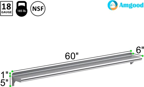 Miniatura 3 de AmGood Estante de pared de acero inoxidable de 60 pulgadas de largo x 6 pulgadas de profundidad Certificado NSF Estantería de metal