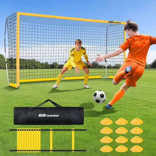 Miniatura 9 de Haokelball Portería de fútbol portátil para patio trasero, red de fútbol de 12 x 6 pies con poste de metal para práctica de adultos y jóvenes