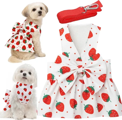 Miniatura 10 de Set de Vestido con Moño y Arnés con Correa para Perros Pequeños para Niñas, Ropa para Perros y Gatos Rosa Floral, Lindas Ropas para Cachorros, Ropa