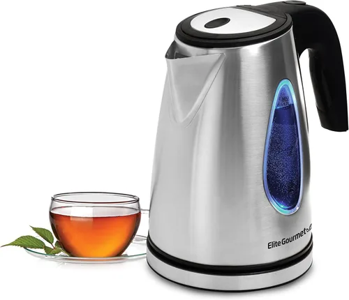 Elite Gourmet EKT-1271 Ultimate - Hervidor eléctrico de 1.7 litros, diseño de acero inoxidable y base inalámbrica de 360°, elegante interior LED