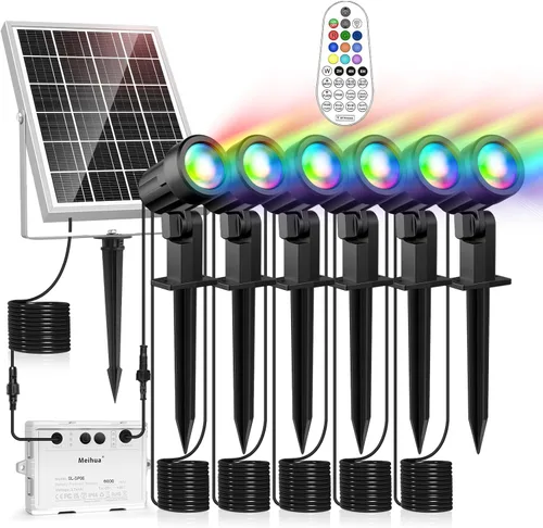 MEIHUA Focos solares que cambian de color para exteriores, 6 en 1, iluminación solar de paisaje, focos RGB con control remoto, IP66, luces solares
