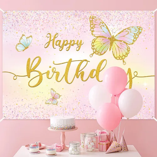 Miniatura 7 de Dandat Telón de fondo de cumpleaños de mariposa de 7 x 5 pies, tema rosa, mariposa dorada, decoración de fiesta, pancarta de poliéster, fondo