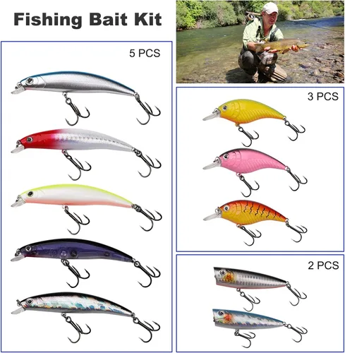 Miniatura 4 de Kit de señuelos de pesca mezclados, incluyendo ojos 3D Hard Minnow Popper cebos de manivela con ganchos para agua salada, trucha, lubina, salmón