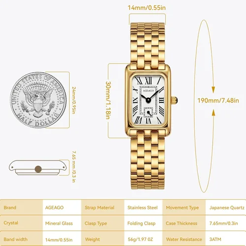 Miniatura 4 de Relojes dorados para mujer, pulsera vintage, esfera romana, rectangular, ultrafina, con herramienta de ajuste