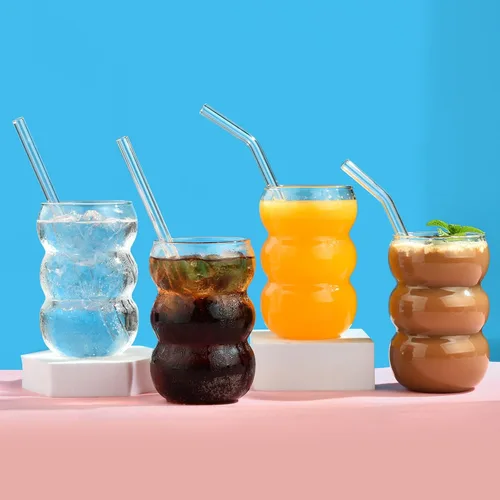 Miniatura 8 de ALINK Juego de 4 vasos de vidrio grandes de 16 oz con nervaduras, juego de vasos de vidrio vintage de cristal para café helado, vasos de vidrio